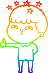 rainbow gradient line drawing of a cartoon amazed boy