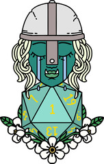 Retro Tattoo Style crying orc fighter character with natural one D20 roll