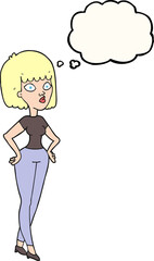 freehand drawn thought bubble cartoon woman with hands on hips
