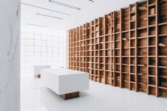 Contemporary white space with wood storage. Generative AI