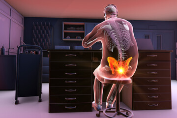 A man in a laboratory setting experiencing pain in his coccyx, conceptual 3D illustration - obrazy, fototapety, plakaty