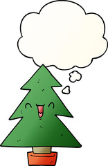 Fototapeta na wymiar cartoon christmas tree with thought bubble in smooth gradient style
