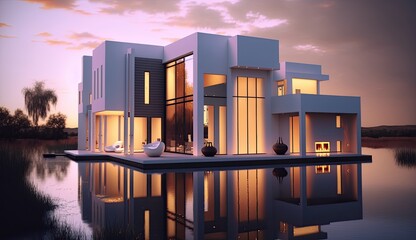 Modern lakeside house with amazing water mirror, where it is an experience to live. Generative AI Technology 
