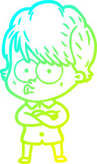 cold gradient line drawing of a cartoon woman