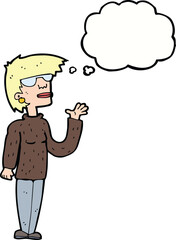 cartoon woman wearing spectacles with thought bubble