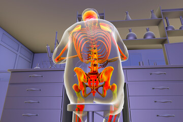 A man sitting in a laboratory with a highlighted skeleton, 3D illustration - obrazy, fototapety, plakaty