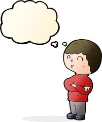 cartoon boy with folded arms with thought bubble