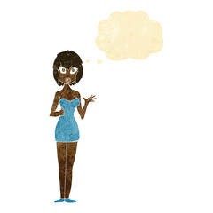 cartoon confused woman in cocktail dress with thought bubble