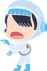 flat color style cartoon astronaut woman pointing and talking
