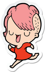 sticker of a cute cartoon girl with hipster haircut