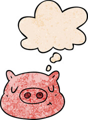 cartoon pig face with thought bubble in grunge texture style