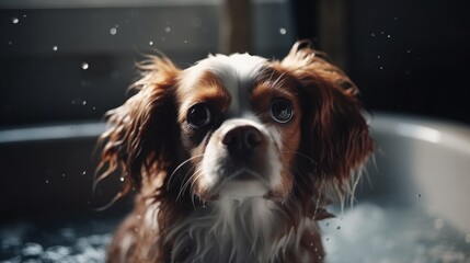 Dog taking a bath in a bathtub with foam. Generative ai