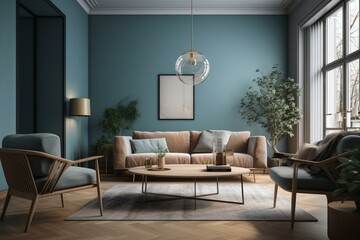 Modern living area with a powder blue backdrop. Generative AI