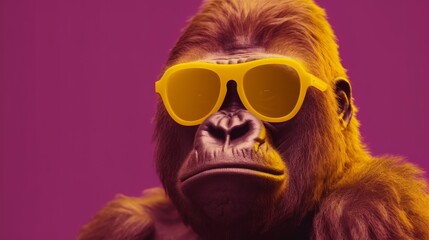 Obraz premium Fabulous big purple boss gorilla with tinted sunglasses on a yellow background. Generative ai