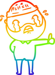 rainbow gradient line drawing of a cartoon bearded man crying