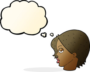 cartoon woman raising eyebrow with thought bubble