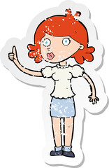 retro distressed sticker of a cartoon woman with idea