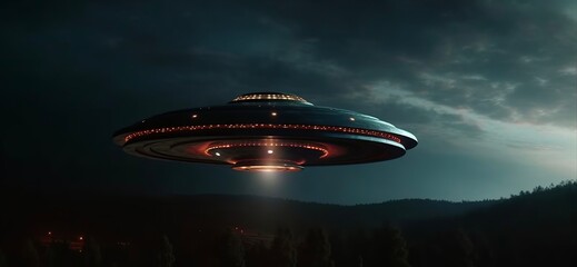 Fototapeta na wymiar Animation UFO and Alien with red light on black background. Generative ai