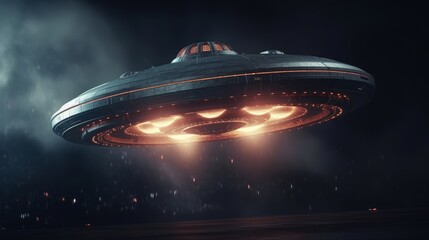 Obraz na płótnie Canvas Animation UFO and Alien with red light on black background. Generative ai