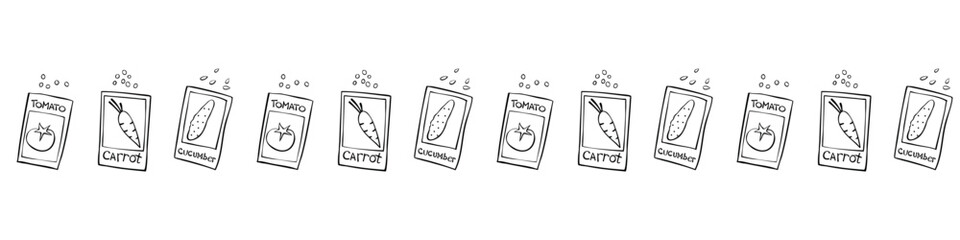 Edging, ribbon, border with outline paper bags with seeds vegetables. Vector seamless pattern, ornament on topic of gardening, farming, agriculture