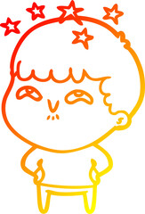 warm gradient line drawing of a cartoon amazed boy