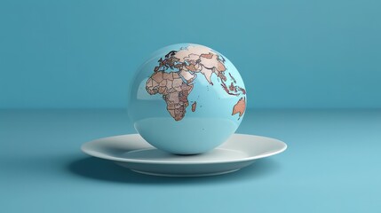 Globe on a plate for food on a blue background. Power, economy, politics, globalism, hunger, poverty and world food concept. Generative ai