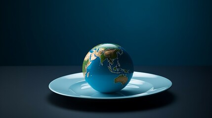Globe on a plate for food on a blue background. Power, economy, politics, globalism, hunger, poverty and world food concept. Generative ai