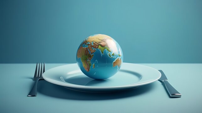 Globe on a plate for food on a blue background. Power, economy, politics, globalism, hunger, poverty and world food concept. Generative ai - Powered by Adobe