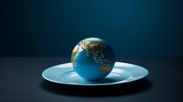Globe on a plate for food on a blue background. Power, economy, politics, globalism, hunger, poverty and world food concept. Generative ai - Powered by Adobe