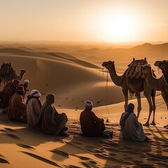 Camel caravan in the Sahara desert at sunset,AI generated - obrazy, fototapety, plakaty