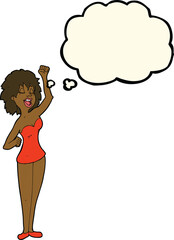 cartoon dancing woman with thought bubble