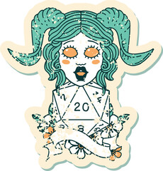 Retro Tattoo Style tiefling with natural twenty dice roll