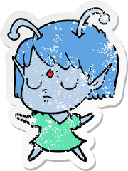 distressed sticker of a cartoon alien girl