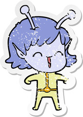 distressed sticker of a cartoon alien girl laughing