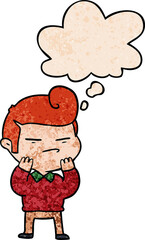 cartoon cool guy with fashion hair cut with thought bubble in grunge texture style