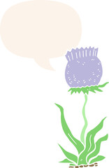 cartoon wild flower with speech bubble in retro style