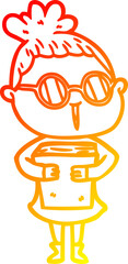 warm gradient line drawing of a cartoon woman wearing spectacles