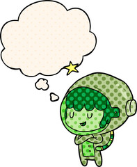 cartoon space girl with thought bubble in comic book style