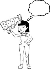 freehand drawn thought bubble cartoon mechanic woman