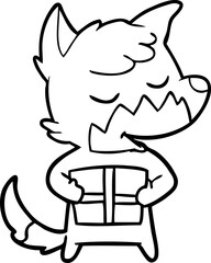 friendly cartoon fox with christmas present