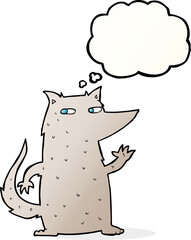 cartoon wolf waving with thought bubble