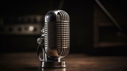 Radio station retro metallic microphone. AI generated