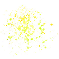 Yellow abstract watercolor stain with splashes and spatters. Modern creative background for trendy design