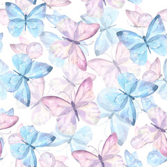 Cute butterflies hand drawn watercolor seamless pattern. Delicate blue and purple color butterflies, watercolor illustration on white background. Beautiful pastel creatures wallpaper design