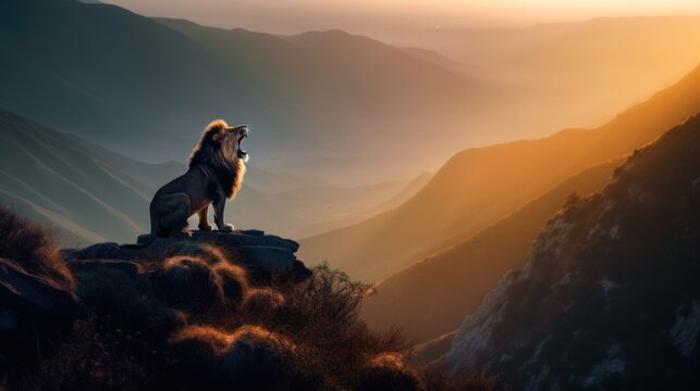 A lion standing on top of a rocky cliff. AI generative image.