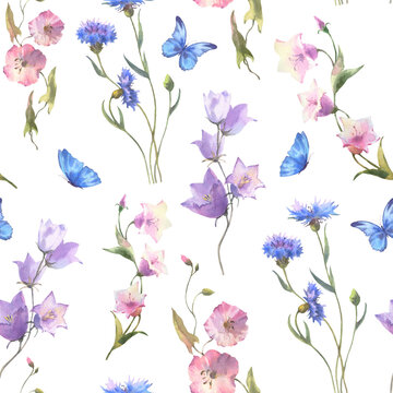 Watercolor seamless pattern of wildflowers, cornflowers, bells, butterflies on a white background.