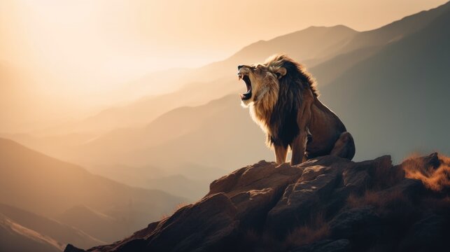 A lion sitting on top of a mountain with its mouth open. AI generative image.