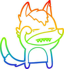 rainbow gradient line drawing of a cartoon wolf showing teeth