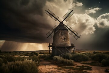 Plakat A windmill stands in the foreground with storm clouds and lightning in the sky. Generative AI