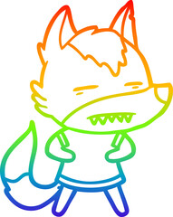 rainbow gradient line drawing of a cartoon wolf showing teeth